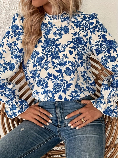 gbolsos  Floral Print Keyhole Blouse, Casual High Neck Ruffle Long Sleeve Blouse, Women's Clothing
