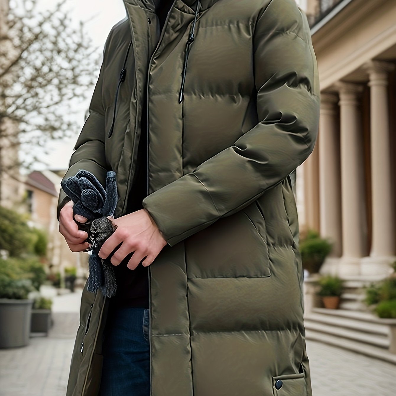 gbolsos  Classic Design Warm Hooded Jacket, Men's Casual Solid Color Zip Up Cotton Padded Overcoat For Fall Winter Outdoor