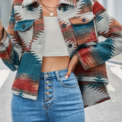 gbolsos  Aztec Pattern Button Up Jacket, Vintage Long Sleeve Pockets Spring & Fall Outerwear, Women's Clothing