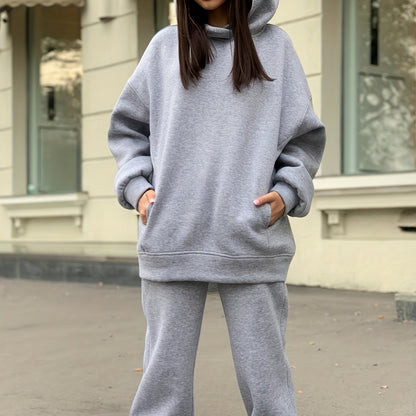 gbolsos  Casual Sporty Two-piece Set, Pocket Hoodie Sweatshirt & Elastic High Waist Sweatpants Outfits, Women's Clothing