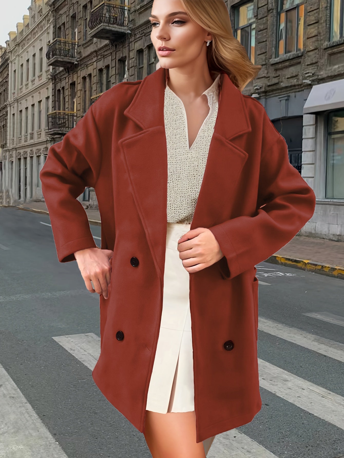 Solid Dual Breasted Notch Collar Overcoat, Casual Long Sleeve Coat For Fall & Winter, Women's Clothing