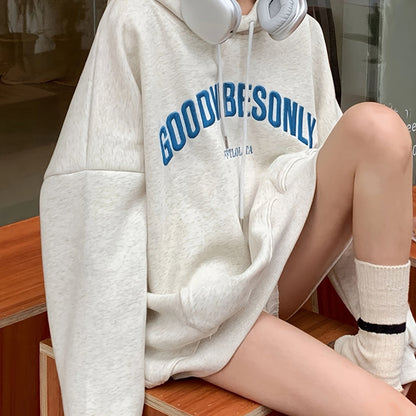 gbolsos  Letter Embroidered Loose Hoodie, Casual Drawstring Kangaroo Pocket Hoodies Sweatshirt, Women's Clothing