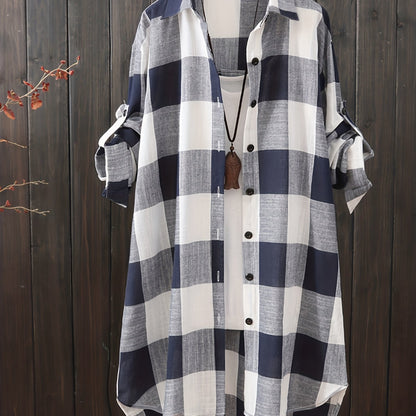 gbolsos  Plaid Print Dipped Hem Shirt, Casual Mid Length Button Front Turn Down Collar Long Sleeve Shirt, Women's Clothing