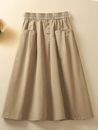 gbolsos  Solid Button Decor Pockets Skirt, Versatile Elastic Waist Skirt, Women's Clothing