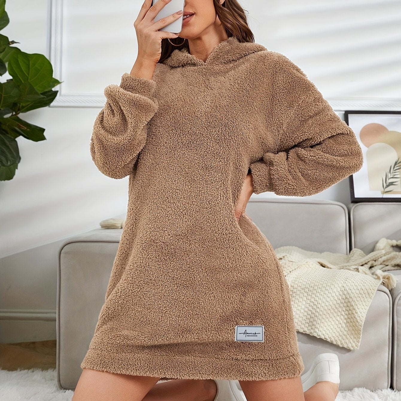 Hooded Teddy Dress, Casual Long Sleeve Simple Warm Dress, Women's Clothing