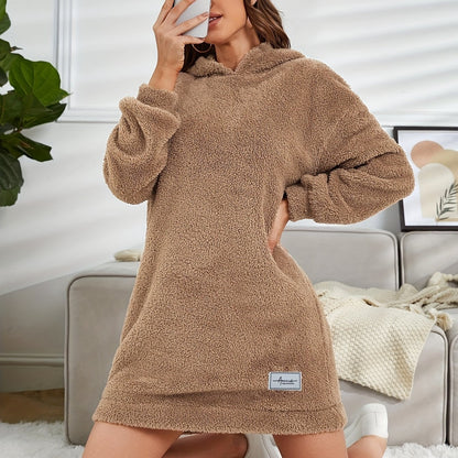 Hooded Teddy Dress, Casual Long Sleeve Simple Warm Dress, Women's Clothing