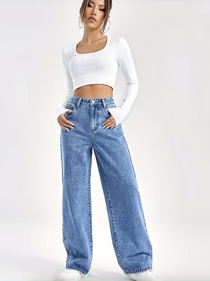 gbolsos Slant Pocket Wide Leg Jeans, Button Zipper Closure Loose Leisure Denim Pants, Women's Denim Jeans & Clothing