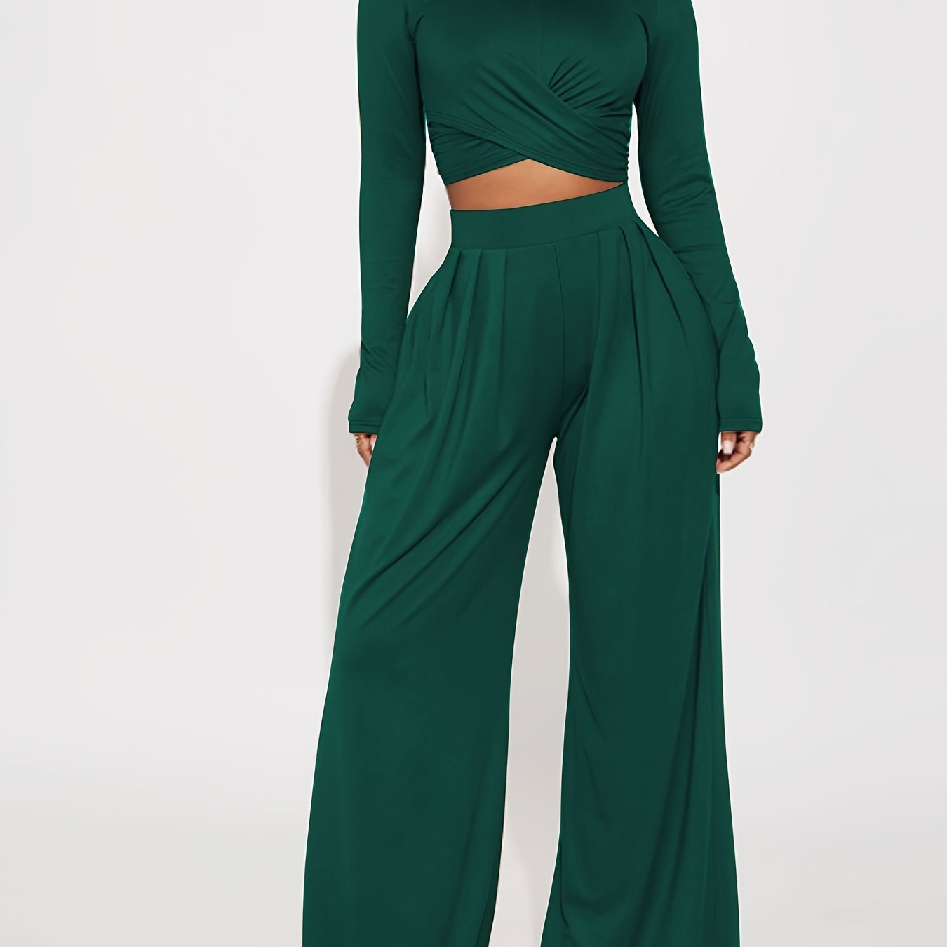 gbolsos  Casual Solid Two-piece Set, Twist Front Tied Crop Top & Wide Leg Pants Outfits, Women's Clothing