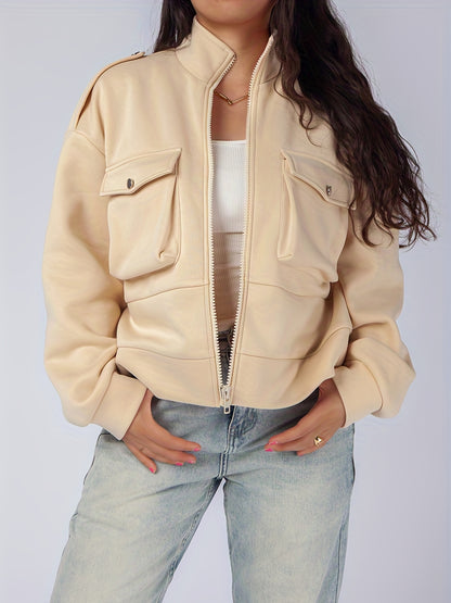 Plus Size Casual Jacket, Women's Plus Solid Zipper Long Sleeve Mock Neck Slight Stretch Jacket