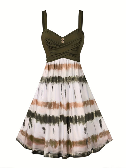Tie Dye Criss Cross Dress, Casual Sleeveless Ruffle Dress, Women's Clothing