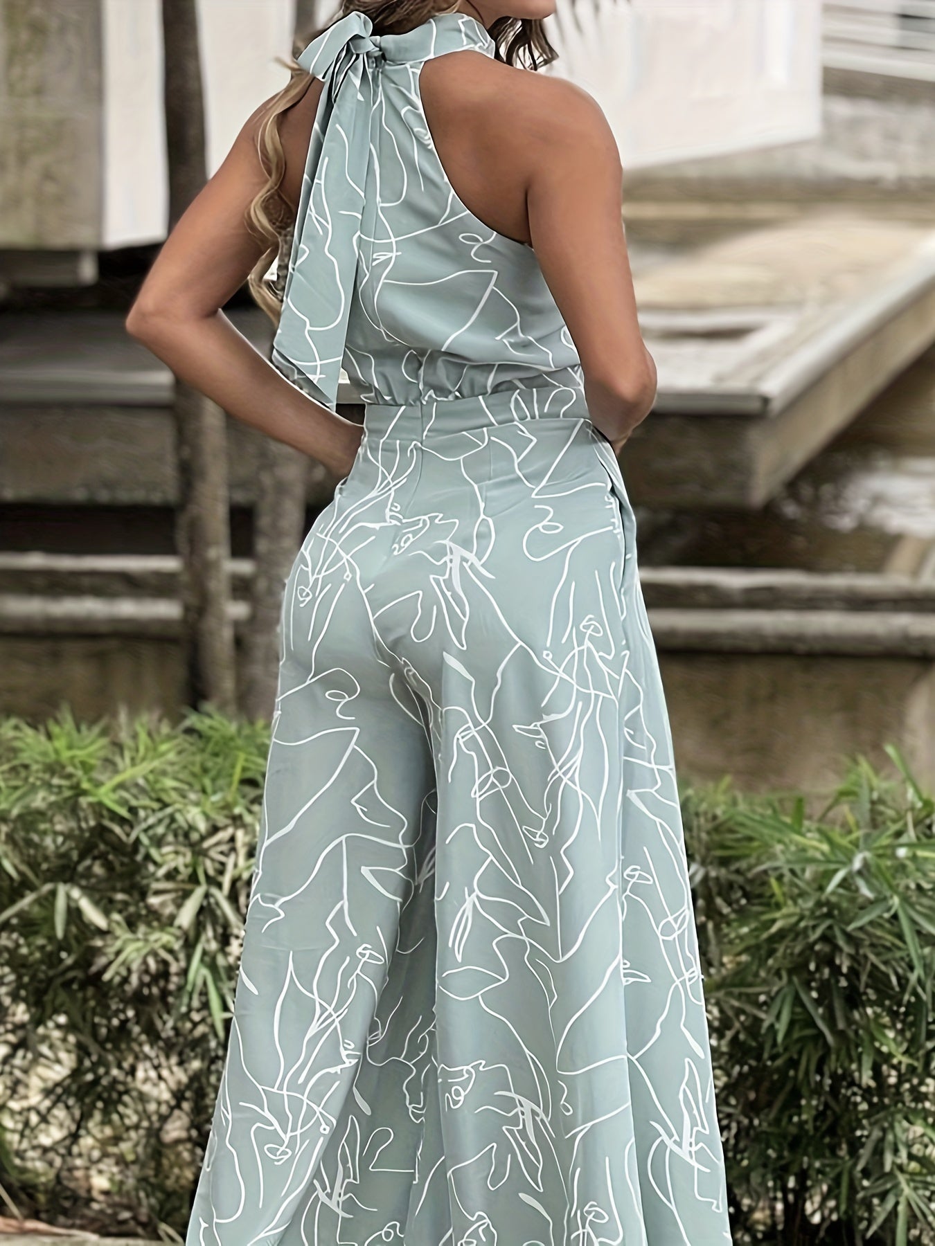 gbolsos  Abstract Print Wide Leg Jumpsuit, Elegant Sleeveless Jumpsuit For Spring & Summer, Women's Clothing