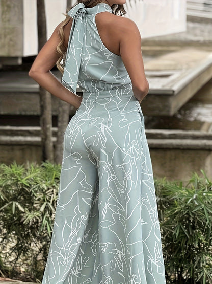 gbolsos  Abstract Print Wide Leg Jumpsuit, Elegant Sleeveless Jumpsuit For Spring & Summer, Women's Clothing