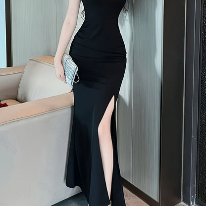 gbolsos Solid Split Thigh Mermaid Dress, Elegant Short Sleeve Sweetheart Neck Dress, Women's Clothing