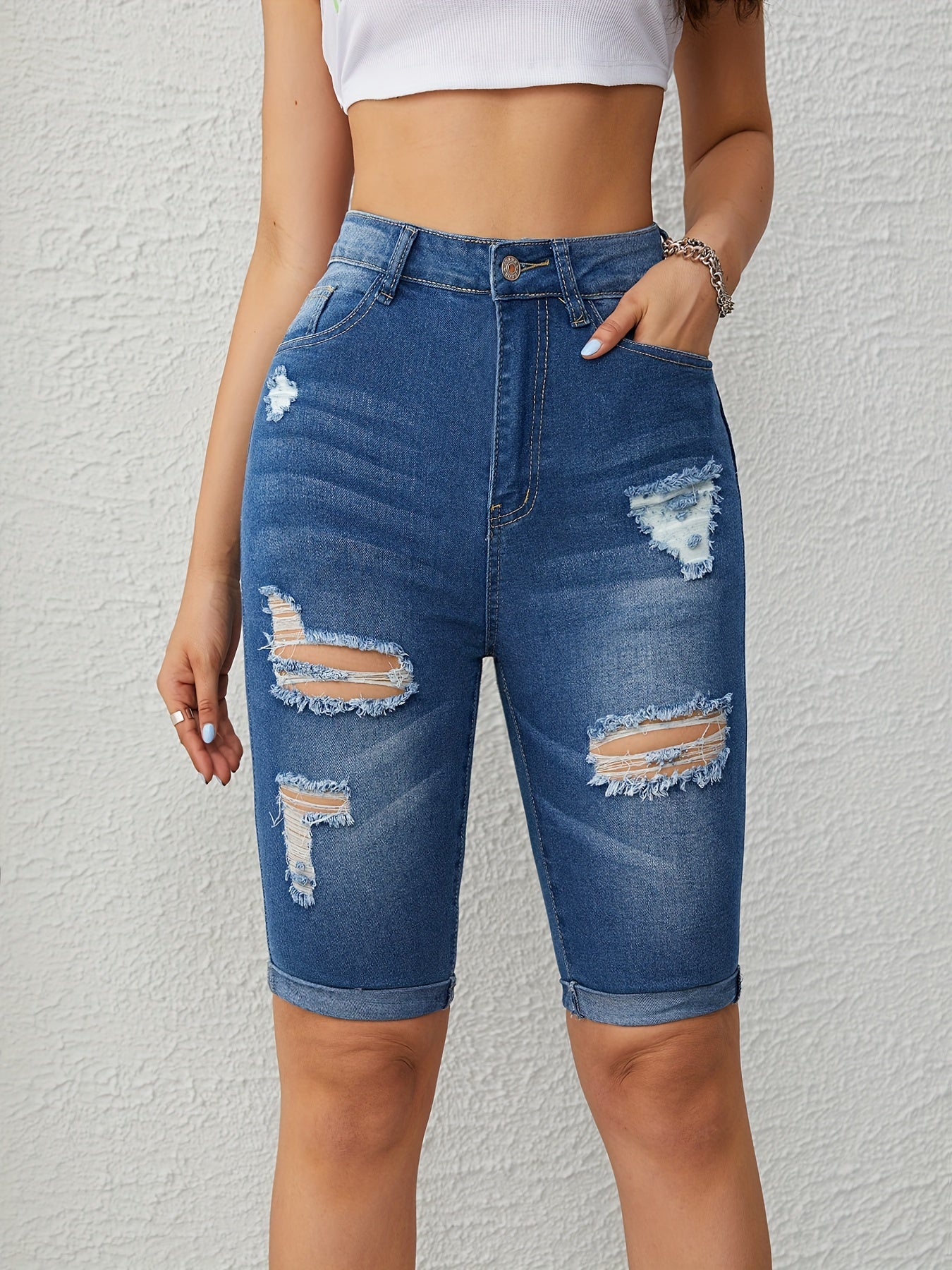 gbolsosRoll Up Hem Bermuda Denim Shorts, Slim Fit Slash Pockets Ripped Holes Denim Jorts, Women's Denim Jeans & Clothing