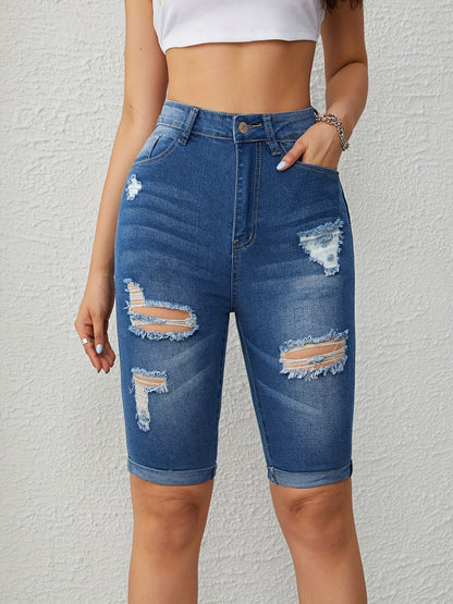 gbolsosRoll Up Hem Bermuda Denim Shorts, Slim Fit Slash Pockets Ripped Holes Denim Jorts, Women's Denim Jeans & Clothing