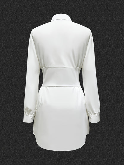 gbolsos  Solid Button Front Shirt Dress, Casual Long Sleeve Belted Dress, Women's Clothing