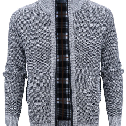 gbolsos  Warm Zip Up Jacket Sweater, Men's Casual Lapel Mid Stretch Slant Pocket Solid Color Cardigan For Fall Winter