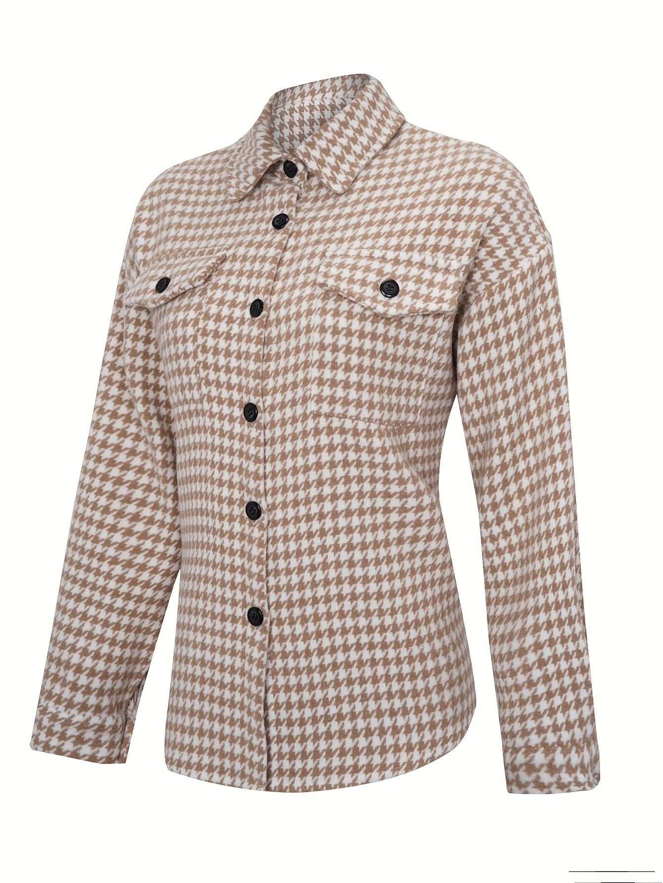 gbolsos  Houndstooth Print Shacket Jacket, Casual Button Front Long Sleeve Outerwear, Women's Clothing