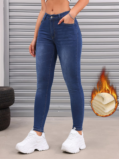 Fleece Liner Washed Skinny Jeans, Mid-Stretch Keep Warm Slim Fit Tight Jeans, Women's Denim Jeans & Clothing