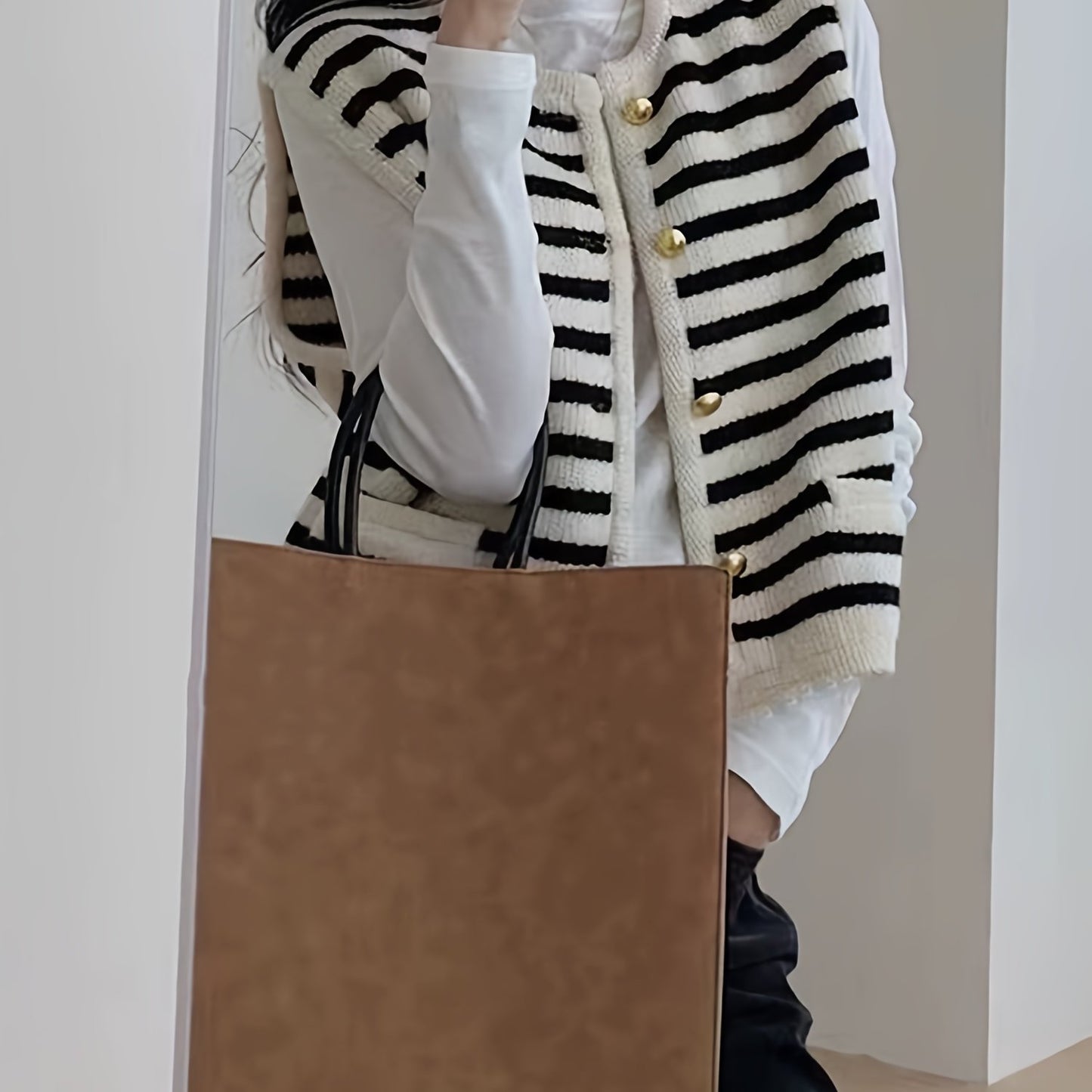 gbolsos Striped Button Dwon Knit Vest, Vintage Sleeveless Sweater With Pocket For Spring & Fall, Women's Clothing