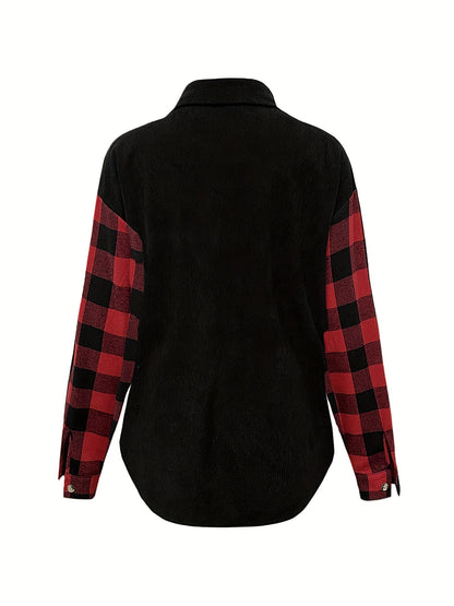 gbolsos  Plaid Print Splicing Shirt, Casual Button Front Long Sleeve Shirt, Women's Clothing