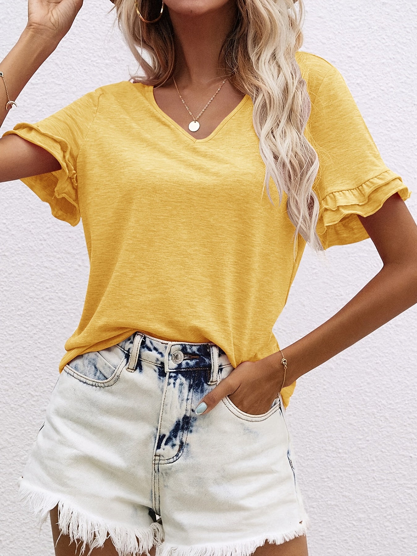 2025 gbolsos  Ruffle Hem V Neck T-Shirt, Casual Short Sleeve T-Shirt For Spring & Summer, Women's Clothing