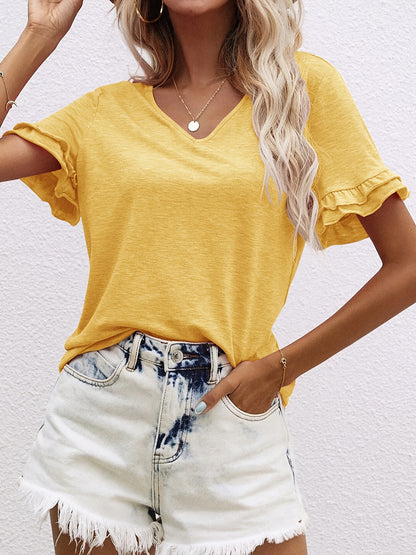 2025 gbolsos  Ruffle Hem V Neck T-Shirt, Casual Short Sleeve T-Shirt For Spring & Summer, Women's Clothing