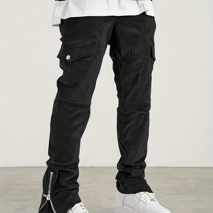 gbolsos  Trendy Zipper Slit Bottom Cargo Pants, Men's Solid Multi Flap Pocket Trousers, Casual Outdoor Pants, Men's Work Pants Outdoors Streetwear Hiphop Style