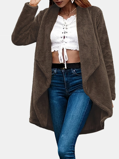 Plus Size Casual Coat, Women's Plus Solid Teddy Fleece Long Sleeve Lapel Collar Medium Stretch Overcoat