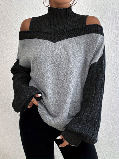 gbolsos  Color Block Cold Shoulder Sweater, Elegant Turtleneck Lantern Sleeve Sweater, Women's Clothing