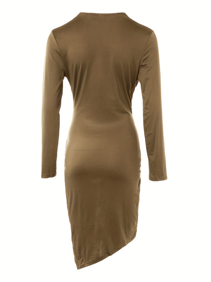 gbolsos  Ruched Solid Bodycon Dress, Casual V Neck Long Sleeve Dress, Women's Clothing