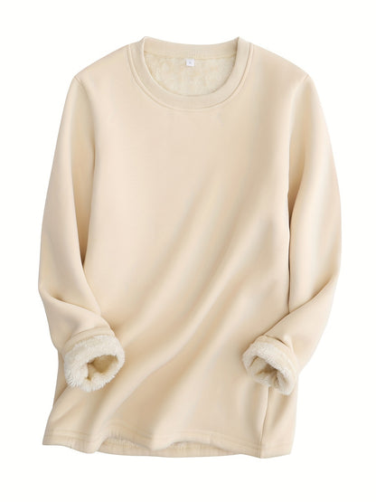 Solid Fleece Sweatshirt, Casual Long Sleeve Crew Neck Sweatshirt For Fall & Winter, Women's Clothing
