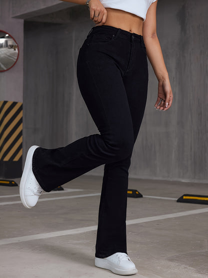 gbolsos  Plus Size Casual Jeans, Women's Plus Solid Button Fly Medium Stretch Flared Leg Jeans