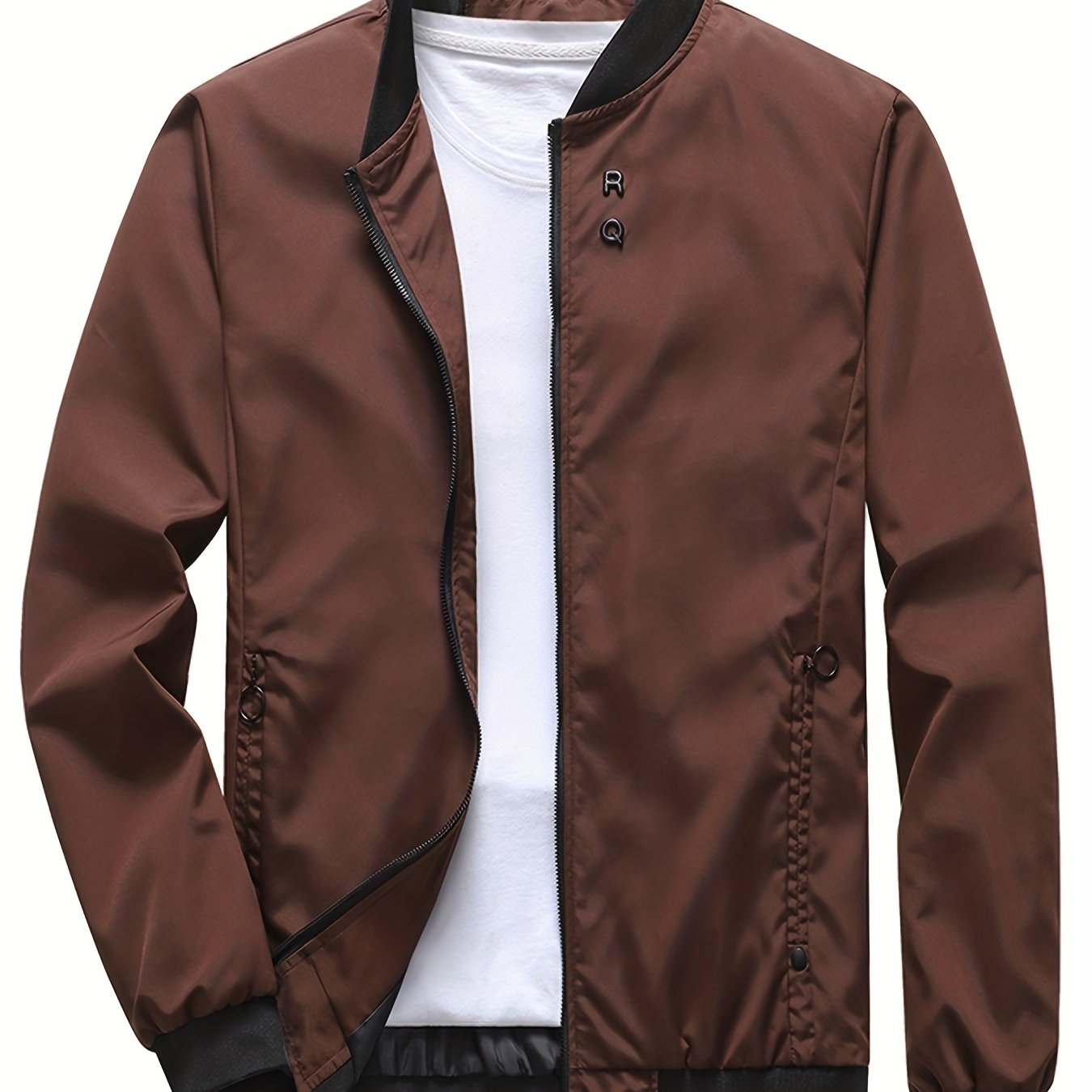 gbolsos  Classic Design Jacket, Men's Casual Zipper Pockets Crew Neck Zip Up Jacket For Spring Fall