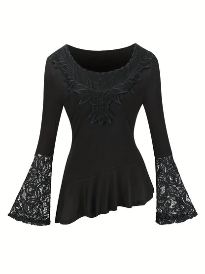 gbolsos  Solid Contrast Lace Crew Neck Asymmetrical Hem T-shirt, Elegant Long Flare Sleeve T-shirt, Women's Clothing