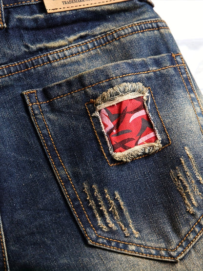 gbolsos  Men's Stylish Ripped Jeans Vintage Sky Blue Straight Fit Shorts For Summer