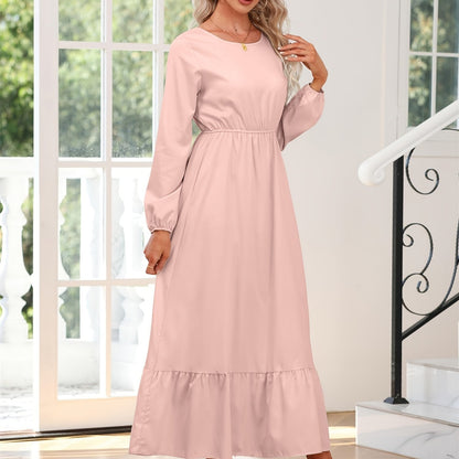 gbolsos  Elegant Crew Neck Draped Extra-long Dress, Casual Long Sleeve Solid Elastic Waist Ruffle Hem Party Long Dresses, Women's Clothing