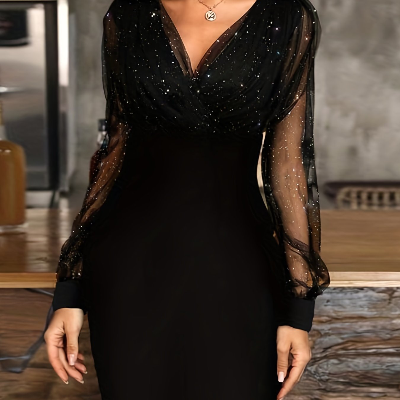 gbolsos  Solid Sequin Stitching Lace Long Sleeve Dress, Elegant Mesh Slim Sexy Party Dress, Women's Clothing