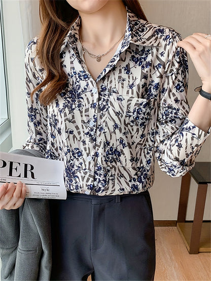 Floral Print Shirt, Vintage Button Front Long Sleeve Shirt, Women's Clothing