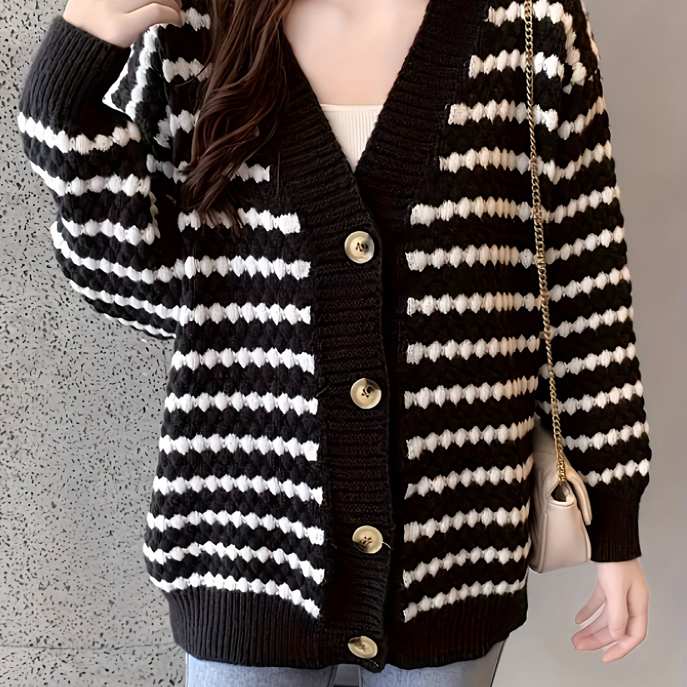 gbolsos  Striped Button Down Knit Cardigan, Casual Long Sleeve Drop Shoulder Slouchy Sweater, Women's Clothing