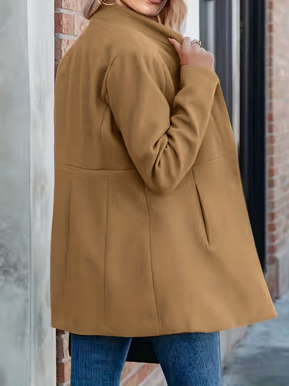 Solid Stand Collar Blazer, Elegant Open Front Long Sleeve Outerwear With Pocket, Women's Clothing