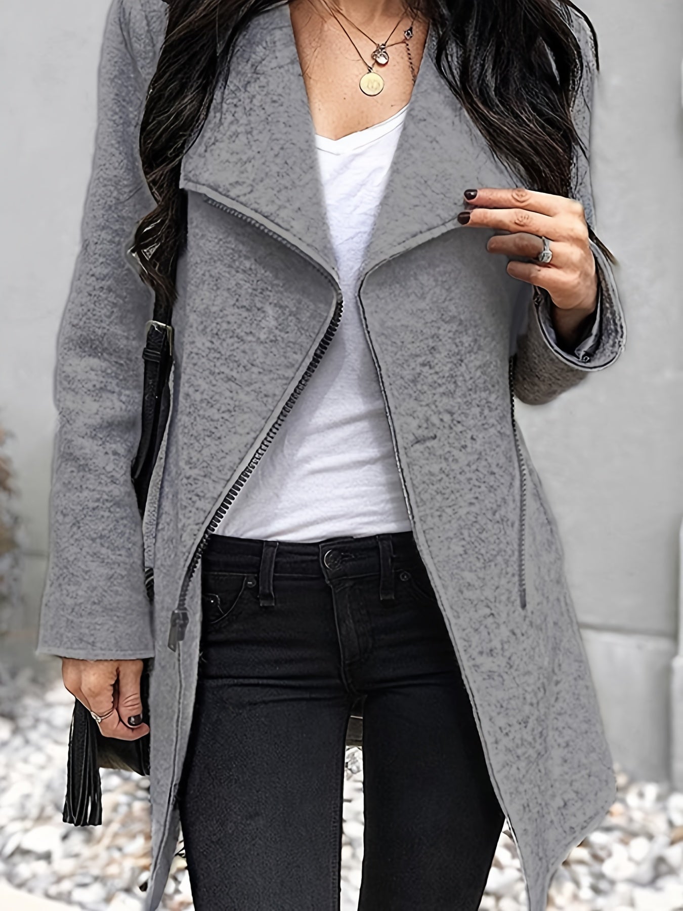 gbolsos  Slanted Zipper Solid Jacket, Casual Long Sleeve Simple Outerwear, Women's Clothing