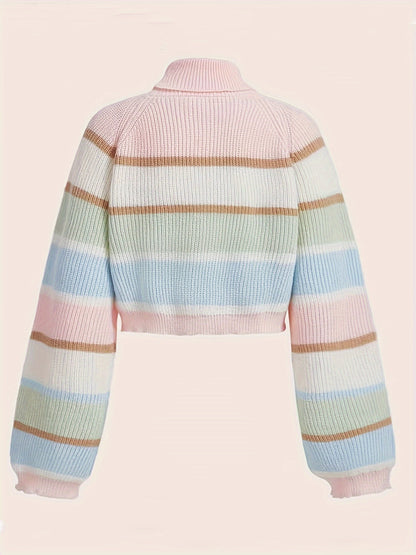 gbolsos  Bear Pattern Striped Pullover Sweater, Cute Turtle Neck Long Sleeve Crop Sweater, Women's Clothing