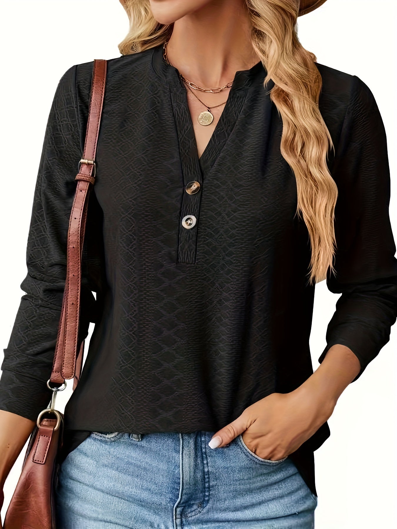 gbolsos  Jacquard Button Front V Neck T-Shirt, Casual Long Sleeve Top For Spring & Fall, Women's Clothing