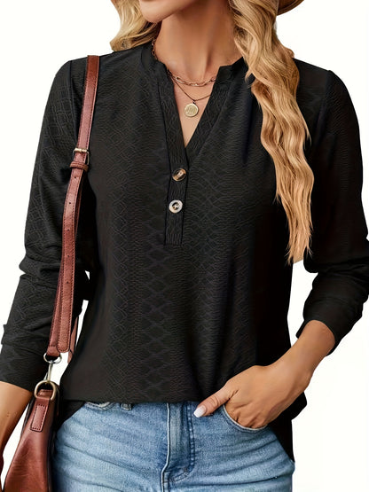 gbolsos  Jacquard Button Front V Neck T-Shirt, Casual Long Sleeve Top For Spring & Fall, Women's Clothing