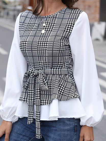 gbolsos  Plaid Pattern Splicing Belted Blouse, Versatile Lantern Sleeve Blouse For Spring & Fall, Women's Clothing