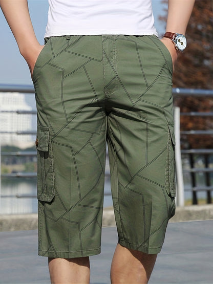 gbolsos  Geometric Pattern Cotton Cargo Shorts, Men's Casual Multi Pocket Waist Drawstring Cargo Shorts For Summer Outdoor