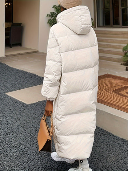 Hooded Mid Length Warm Coat, Casual Solid Long Sleeve Winter Outerwear, Women's Clothing