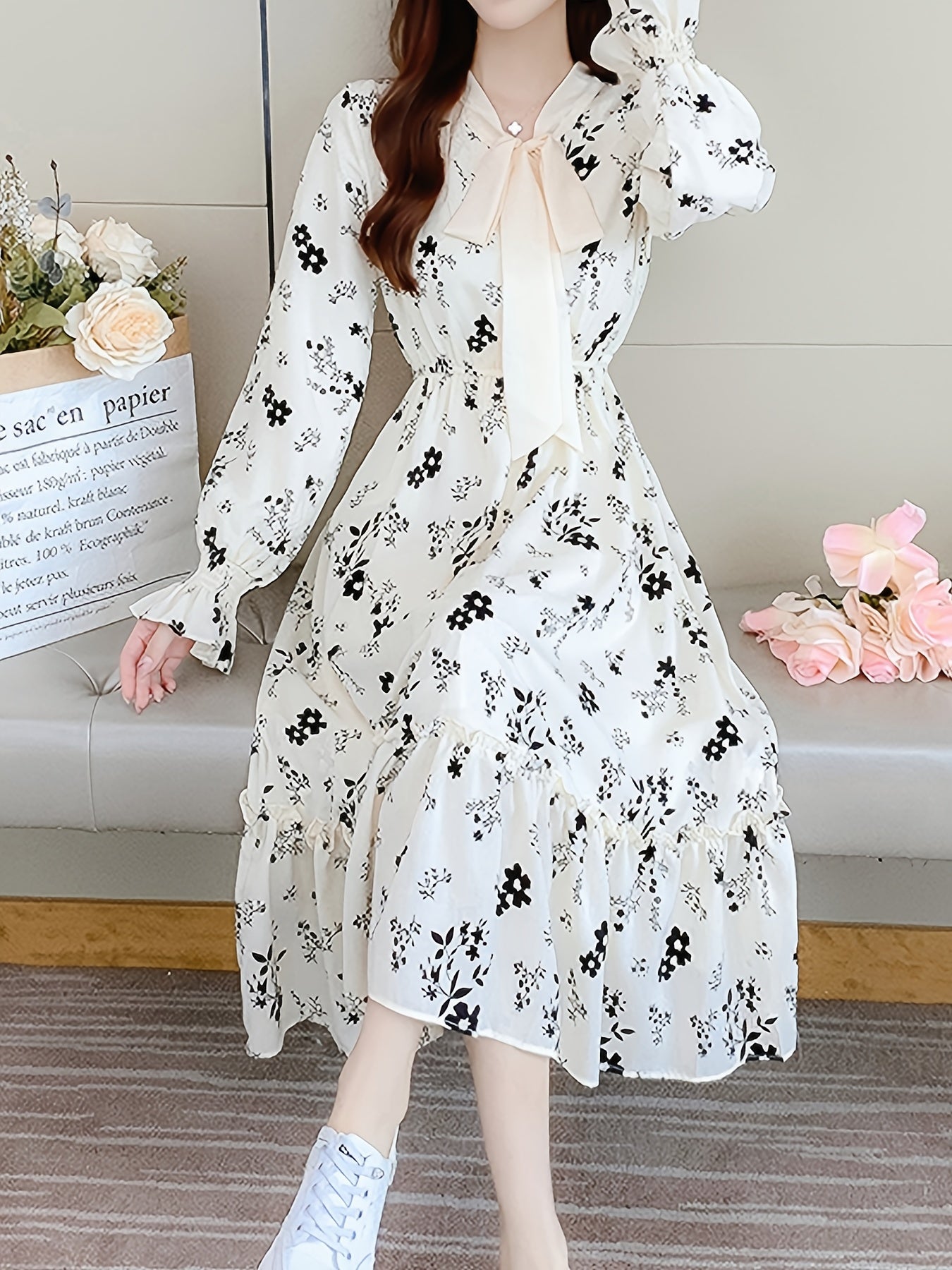 gbolsos  Floral Print High Waist Dress, Elegant Long Sleeve Ruched Maxi Dress, Women's Clothing