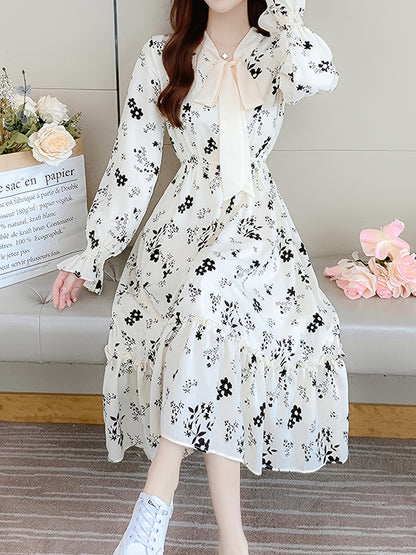 gbolsos  Floral Print High Waist Dress, Elegant Long Sleeve Ruched Maxi Dress, Women's Clothing